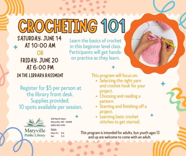 Flyer for Crocheting 101 with Maryville Public Library
