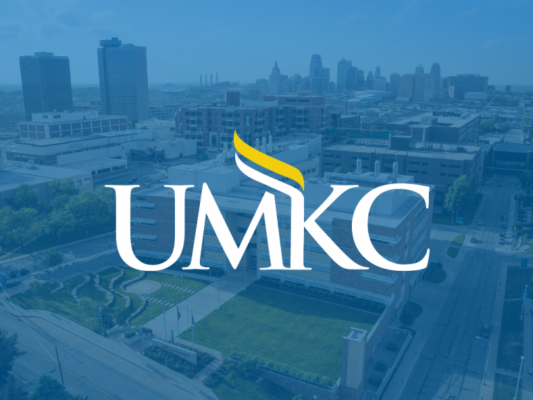 UMKC logo over campus in background 