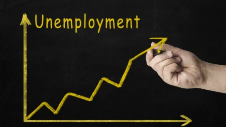 Unemployment rates rise, chart showing steady increase of unemployment (less jobs)
